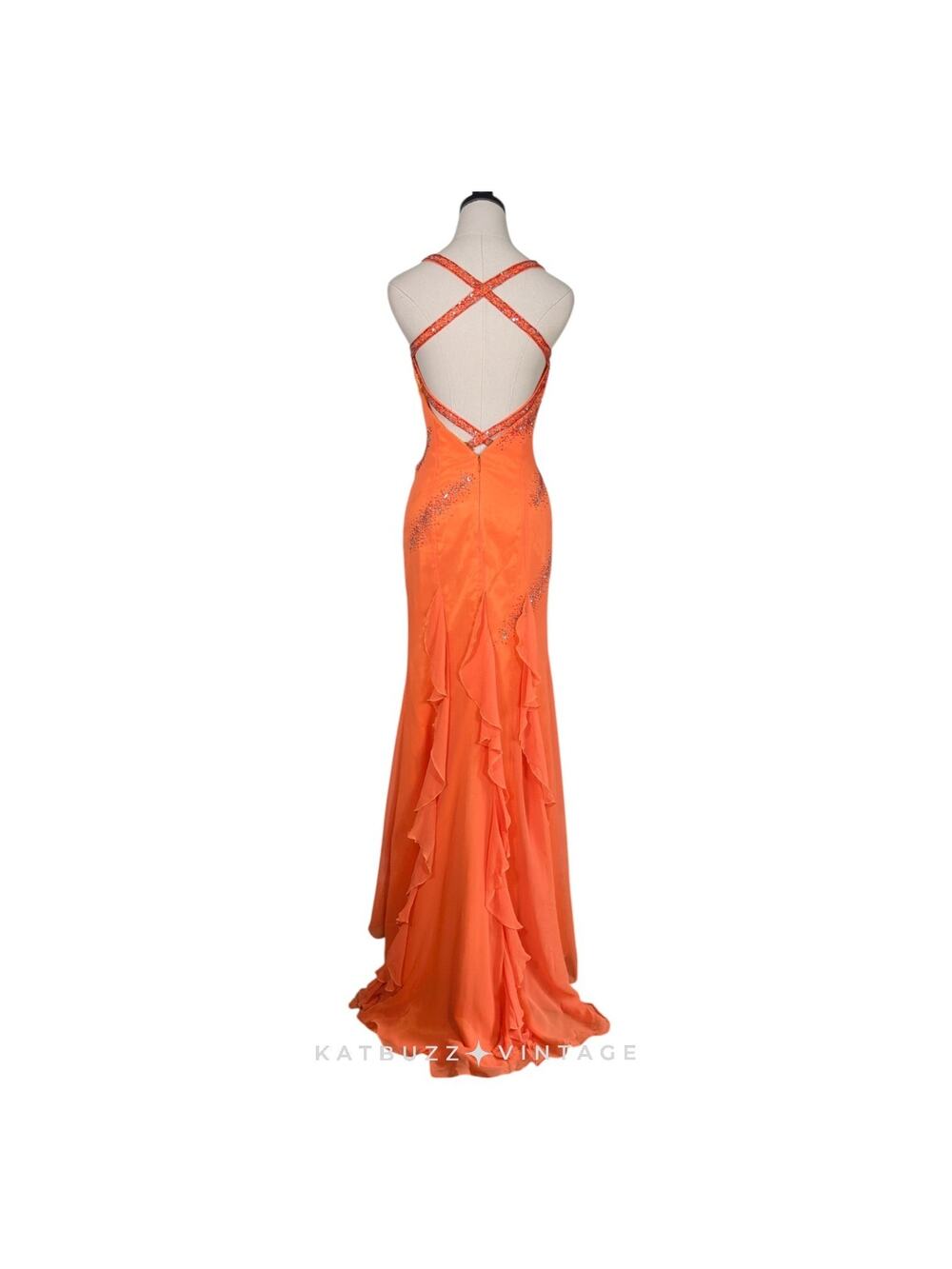 Vintage Silk Prom Dress Maxi Gown 4 Orange Y2K Ruffle Fairy Bead Slip Glam Guest